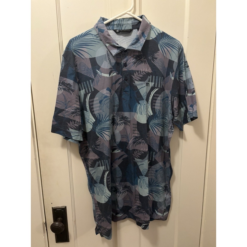 TravisMathew Polo Shirt Mens XL Grey Blue Tropical Palm Leaf Stripe Golf Tee